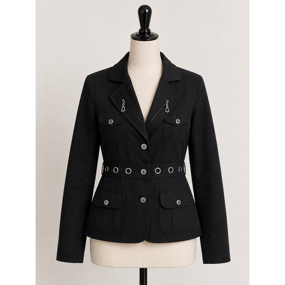 Black Military Utility Blazer Jacket Grommet Waist Silver Button‎ Detail Women